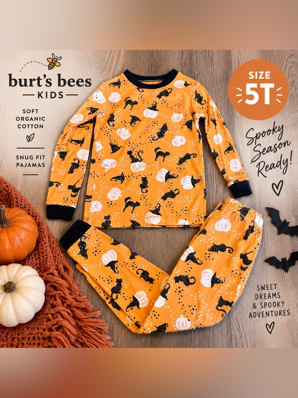 Burt’s Bees Kids Halloween Pajama Set Black Cats Pumpkins Orange Size 5T